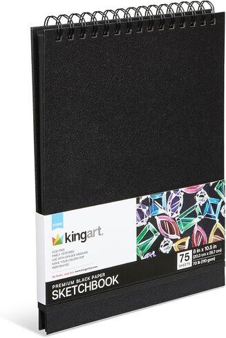 KINGART Black Paper Sketchbook – 8 x 10.5 Inch, 1-Pack – 75 Sheets (70 lb / 110 GSM), Premium Acid-Free Heavyweight Dark Drawing Pad for Charcoal & Gels in Kuwait