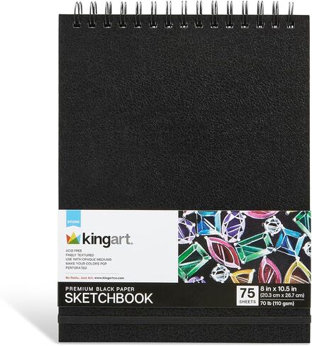 KINGART Black Paper Sketchbook – 8 x 10.5 Inch, 1-Pack – 75 Sheets (70 lb / 110 GSM), Premium Acid-Free Heavyweight Dark Drawing Pad for Charcoal & Gels in Kuwait
