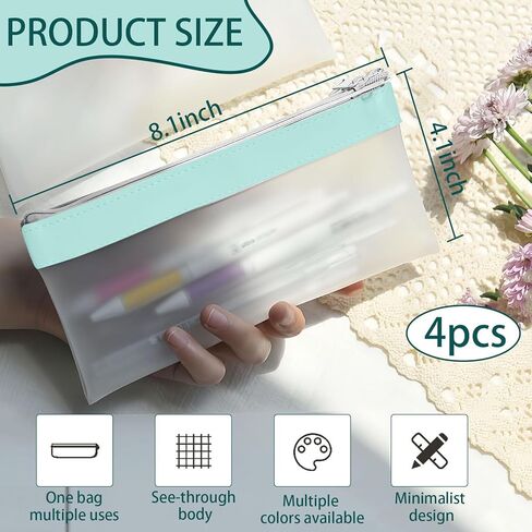 4 Pack Clear Wallet Pouch, 8.1x4.1 Inch TPU Transparent Pencil Case with Smooth Zipper, Multi-Use Makeup Bag for Supplies Organizer (Pink, Black, Teal, White) in Saudi Arabia