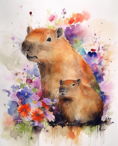 مجموعة الرسم الماسي DIAMOND ART CLUB Mama & Mini Capybara، حرف يدوية ممتعة للبالغين، قماش فني ماسي دائري، 13 بوصة × 16 بوصة (33 سم × 40.7 سم) in Kuwait