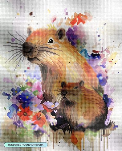 مجموعة الرسم الماسي DIAMOND ART CLUB Mama & Mini Capybara، حرف يدوية ممتعة للبالغين، قماش فني ماسي دائري، 13 بوصة × 16 بوصة (33 سم × 40.7 سم) in Kuwait