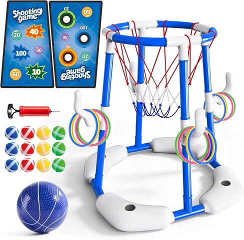 Sitodier Pool Basketball Hoop, 4-in-1 Floating Basketball Hoop with Rings Game Shooting Game and Sticky Balls for Family Party, Outdoor Swimming Pool Games Summer Water Sports Toy for Kids Age 3-12 in Saudi Arabia
