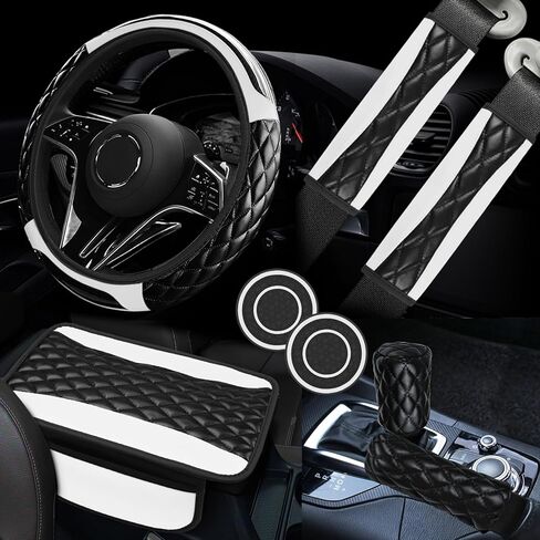 8PCS Car Accessories Set, Leather Car Steering Wheel Cover, Armrest Pad, Seat Belt Cover Pads, Gear Shift & Handbrake Covers, Cup Holder Coasters, Universal Auto Interior Accessories (Yellow) in Kuwait