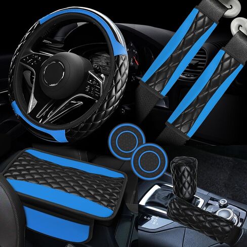 8PCS Car Accessories Set, Leather Car Steering Wheel Cover, Armrest Pad, Seat Belt Cover Pads, Gear Shift & Handbrake Covers, Cup Holder Coasters, Universal Auto Interior Accessories (Yellow) in Kuwait