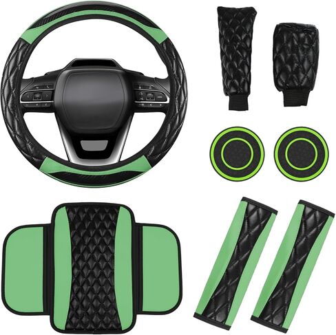 8PCS Car Accessories Set, Leather Car Steering Wheel Cover, Armrest Pad, Seat Belt Cover Pads, Gear Shift & Handbrake Covers, Cup Holder Coasters, Universal Auto Interior Accessories (Yellow) in Kuwait