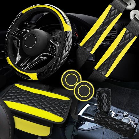8PCS Car Accessories Set, Leather Car Steering Wheel Cover, Armrest Pad, Seat Belt Cover Pads, Gear Shift & Handbrake Covers, Cup Holder Coasters, Universal Auto Interior Accessories (Yellow) in Kuwait