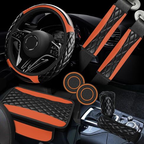 8PCS Car Accessories Set, Leather Car Steering Wheel Cover, Armrest Pad, Seat Belt Cover Pads, Gear Shift & Handbrake Covers, Cup Holder Coasters, Universal Auto Interior Accessories (Yellow) in Kuwait