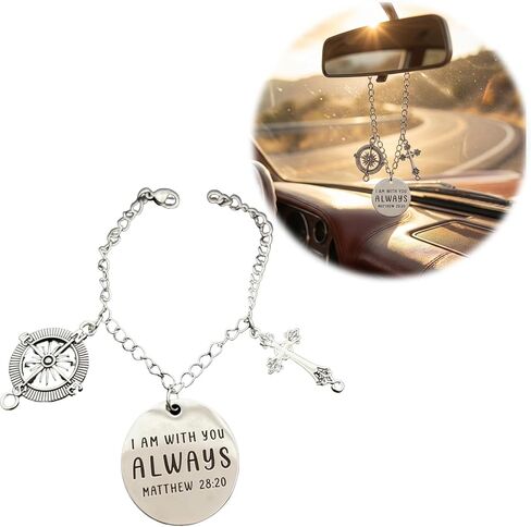 Wheel Cross Car Charms Accessory, Guardian Celestial Classic Faith Rearview Mirror Ornament, Car Hanger with Compass & 'I Am with You Always' Matthew 28:20, Vintage Book Verse for Bags in Kuwait