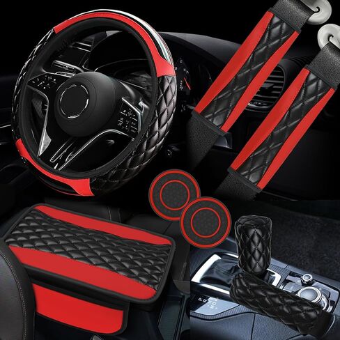8PCS Car Accessories Set, Leather Car Steering Wheel Cover, Armrest Pad, Seat Belt Cover Pads, Gear Shift & Handbrake Covers, Cup Holder Coasters, Universal Auto Interior Accessories (Yellow) in Kuwait