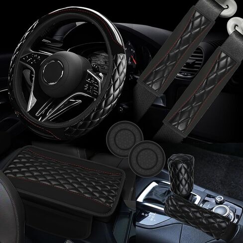 8PCS Car Accessories Set, Leather Car Steering Wheel Cover, Armrest Pad, Seat Belt Cover Pads, Gear Shift & Handbrake Covers, Cup Holder Coasters, Universal Auto Interior Accessories (Yellow) in Kuwait