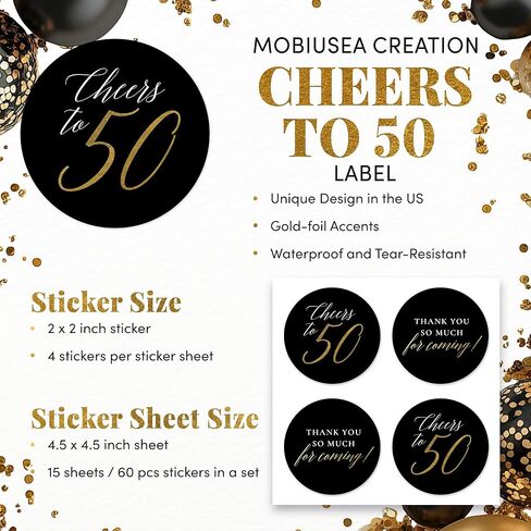 Mobiusea Creation Black Cheers to 50 & Thank You for Coming Stickers | 60pcs Round Gold Foil Stickers for 50th Birthday & Wedding Anniversary | Waterproof Envelope Seals for Party Favors in Kuwait
