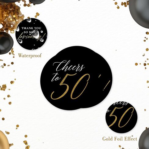 Mobiusea Creation Black Cheers to 50 & Thank You for Coming Stickers | 60pcs Round Gold Foil Stickers for 50th Birthday & Wedding Anniversary | Waterproof Envelope Seals for Party Favors in Kuwait