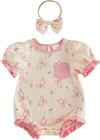 Baby Girl Summer Clothes Color Block Short Sleeve Bubble Romper Jumpsuit Newborn Infant Ruffle Onesie Outfit in Saudi Arabia