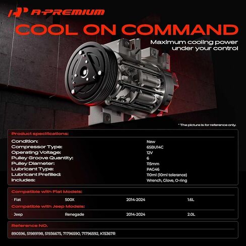 ضاغط مكيف هواء A-Premium مع قابض متوافق مع Jeep Renegade & Fiat 500X، 2014-2024، 1.6L 2.0L in Kuwait