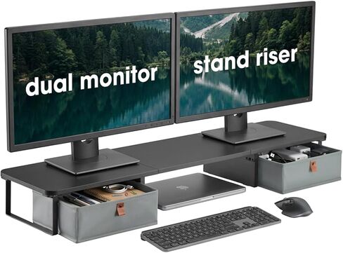 DuoStand Plus - 39" Dual Monitor Riser for Desk with 2 Drawers - Wood & Steel Double Monitor Stand with Storage - Desk Organizer Shelf for Desktop Computer, Laptop, TV & Printer (Matte Black) in Saudi Arabia
