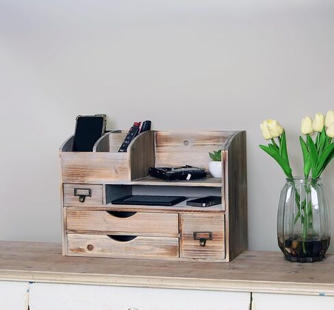 Large Adjustable Wooden Office Desk Organizer For Desktop, Tabletop, or Counter – Wood Storage Shelf Rack – For Office Supplies, Desk Accessories, or Mail - Barnwood (Vintage, Large) in Saudi Arabia