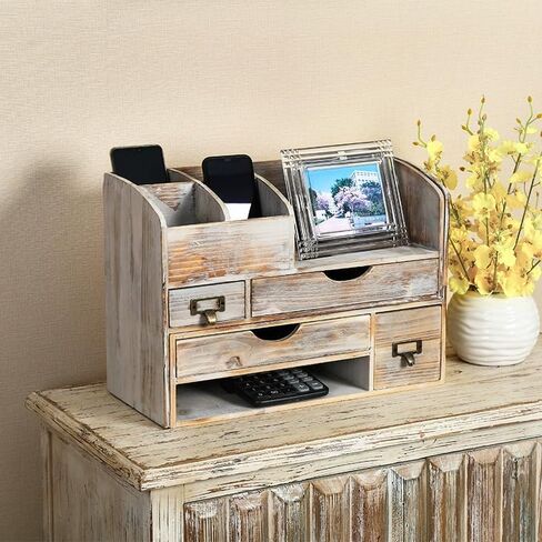Large Adjustable Wooden Office Desk Organizer For Desktop, Tabletop, or Counter – Wood Storage Shelf Rack – For Office Supplies, Desk Accessories, or Mail - Barnwood (Vintage, Large) in Saudi Arabia