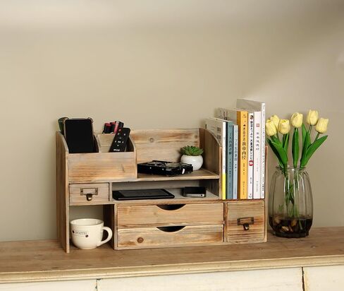 Large Adjustable Wooden Office Desk Organizer For Desktop, Tabletop, or Counter – Wood Storage Shelf Rack – For Office Supplies, Desk Accessories, or Mail - Barnwood (Vintage, Large) in Saudi Arabia