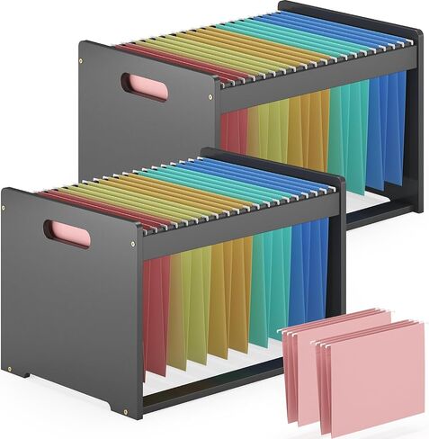 Hanging File Box Organizer for Letter Size 2 Pack, Bamboo Acrylic File Folder Storage with Lid Clear Wooden Moving Boxes Wood with Handle Desktop Filing Holder for Office Banker Document Nature in Saudi Arabia