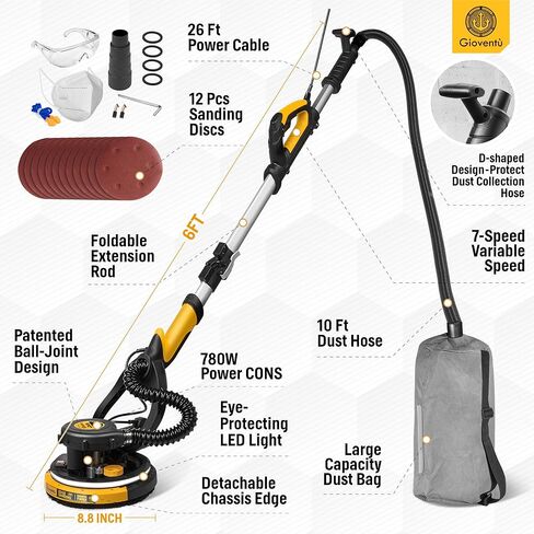Drywall Sander, 780W Powerful Electric Drywall Sander with Vacuum Attachment, Auto Dust Absorption, Dustless Wall Sander with 26’ Power Cord for Popcorn Ceiling, Drywall etc in Saudi Arabia