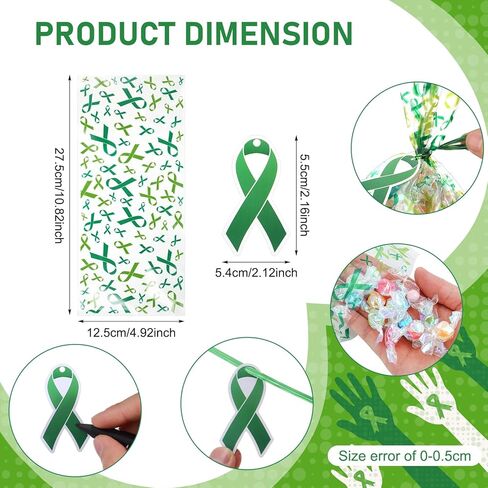 Gueevin 150 Set Mental Health Awareness Cellophane Gift Bags Bulk Green Ribbon Mental Health Awareness Items Treat Goodie Candy Bag with Twist Tie Card for Public Charity Campaign Supply(Green) in Kuwait