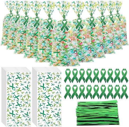 Gueevin 150 Set Mental Health Awareness Cellophane Gift Bags Bulk Green Ribbon Mental Health Awareness Items Treat Goodie Candy Bag with Twist Tie Card for Public Charity Campaign Supply(Green) in Kuwait