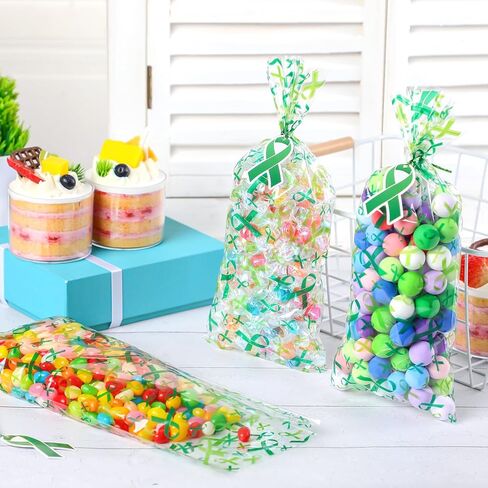 Gueevin 150 Set Mental Health Awareness Cellophane Gift Bags Bulk Green Ribbon Mental Health Awareness Items Treat Goodie Candy Bag with Twist Tie Card for Public Charity Campaign Supply(Green) in Kuwait