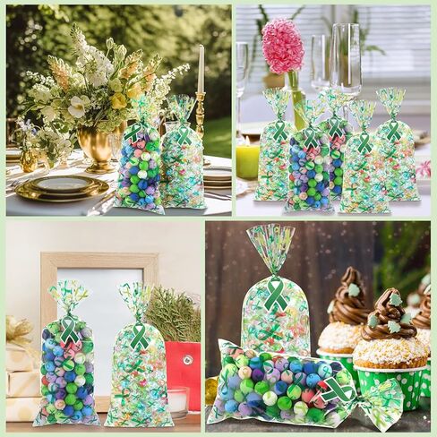 Gueevin 150 Set Mental Health Awareness Cellophane Gift Bags Bulk Green Ribbon Mental Health Awareness Items Treat Goodie Candy Bag with Twist Tie Card for Public Charity Campaign Supply(Green) in Kuwait