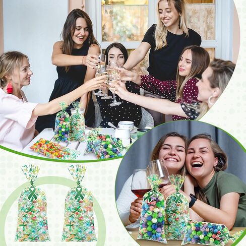 Gueevin 150 Set Mental Health Awareness Cellophane Gift Bags Bulk Green Ribbon Mental Health Awareness Items Treat Goodie Candy Bag with Twist Tie Card for Public Charity Campaign Supply(Green) in Kuwait