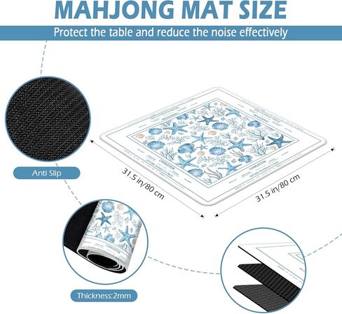 Starfish Scallop Ocean Theme Mahjong Mat (31.5" x 31.5") with Black Carrying Bag, Anti-Slip, Noise-Reducing Mahjong Rubber Mat for Mahjong/Poker/Board Games/Card Games/Dominoes in Kuwait
