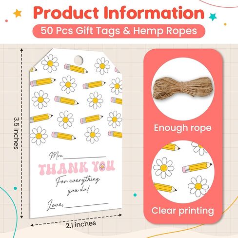 50 Pcs Teacher Appreciation Gift Tags with String, We Appreciate You Thank You Labels for Teacher Appreciation Week, End of School Year & School Party Favors-04 in Saudi Arabia
