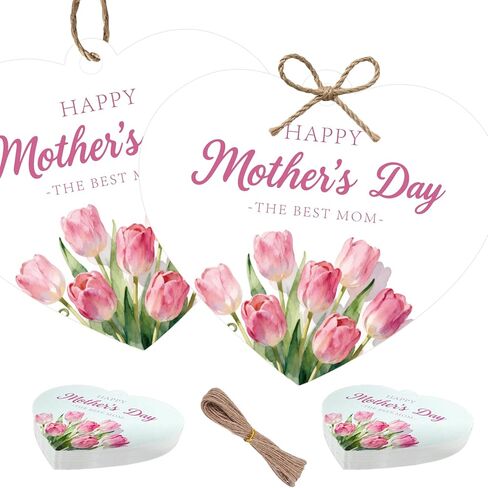50Pcs Happy Mothers Day Tags with String, 2.5x2.3 Inch The Best Mom Tag with Tulip, Mother's Day Heart Tags, Mothers Day Decorations for Party Gift Envelope Candy Bag DIY Craft Favor in Saudi Arabia