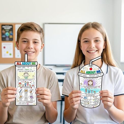 Haooryx All About Me Posters - 48Pcs Water Bottle Color Your Own Star Student Poster First Day of School Self-Introduction Fill in Poster Art Craft for Back to School Elementary School Classroom Decor in Kuwait