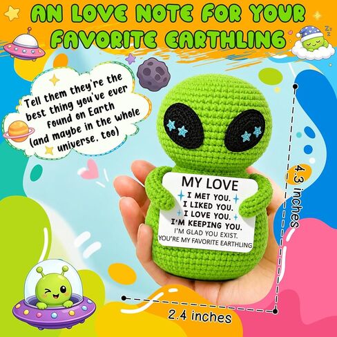 Xinezaa Anniversary Romantic Gifts Boyfriend Girlfriend, I Love You Birthday Him Her Gifts, Cute Handmade Green Alien Crochet with Romantic Message Card, Long Distance Relationship Gift in Saudi Arabia
