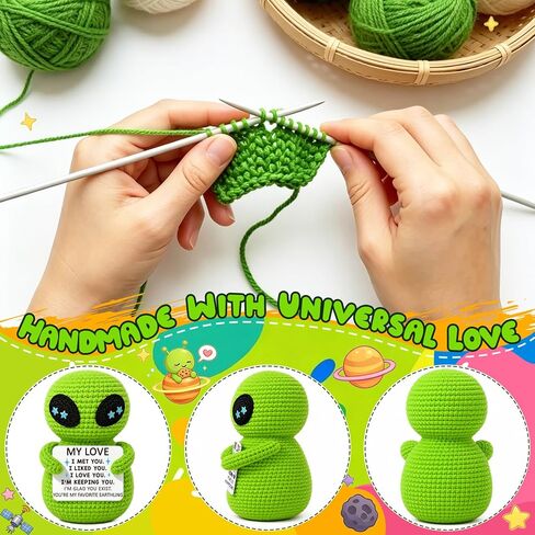 Xinezaa Anniversary Romantic Gifts Boyfriend Girlfriend, I Love You Birthday Him Her Gifts, Cute Handmade Green Alien Crochet with Romantic Message Card, Long Distance Relationship Gift in Saudi Arabia