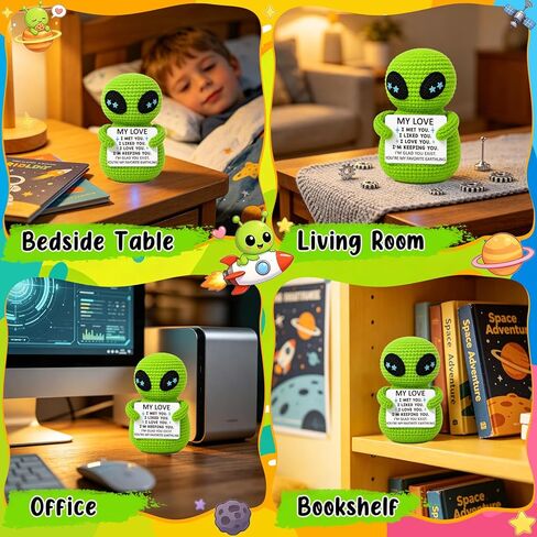 Xinezaa Anniversary Romantic Gifts Boyfriend Girlfriend, I Love You Birthday Him Her Gifts, Cute Handmade Green Alien Crochet with Romantic Message Card, Long Distance Relationship Gift in Saudi Arabia