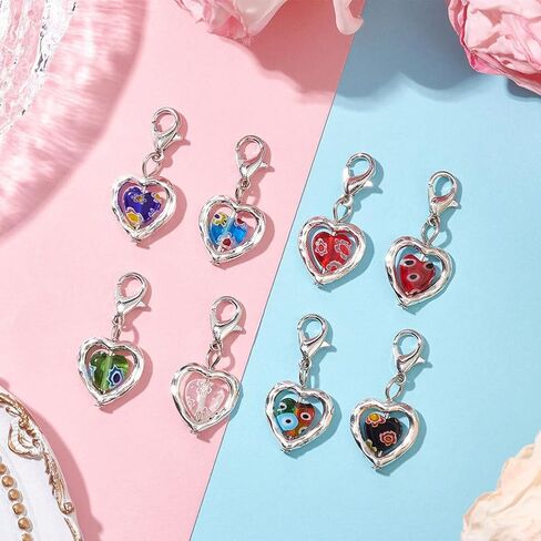 صندوق واحد من SUNNYCLUE 50 قطعة من علامات الغرز الزجاجية على شكل قلب كروشيه وألوان عشوائية من Millefiori Love مشبك قفل مخلب جراد البحر ومشابك ساحرة لنسيج الخياطة وحياكة اللحف لوازم الحرف اليدوية ذاتية الصنع in Kuwait