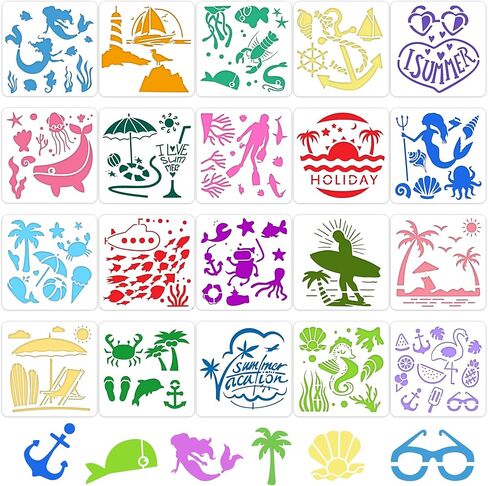 20Pcs Ocean Stencils for Painting,7.8Inch Large Beach Stencils,Reusable Summer Vacation Stencil with Mermaid Animal Palm Tree Patterns DIY Craft Drawing Templates On Wall Art Scrapbook Home Decor in Kuwait
