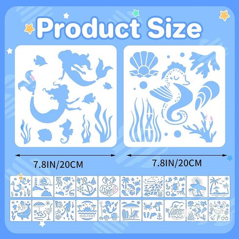 20Pcs Ocean Stencils for Painting,7.8Inch Large Beach Stencils,Reusable Summer Vacation Stencil with Mermaid Animal Palm Tree Patterns DIY Craft Drawing Templates On Wall Art Scrapbook Home Decor in Kuwait