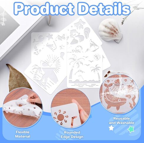 20Pcs Ocean Stencils for Painting,7.8Inch Large Beach Stencils,Reusable Summer Vacation Stencil with Mermaid Animal Palm Tree Patterns DIY Craft Drawing Templates On Wall Art Scrapbook Home Decor in Kuwait