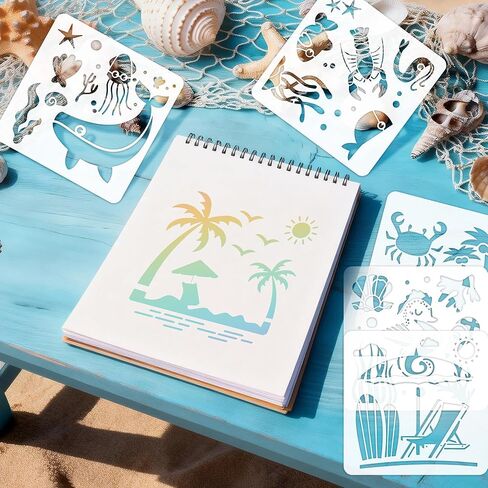 20Pcs Ocean Stencils for Painting,7.8Inch Large Beach Stencils,Reusable Summer Vacation Stencil with Mermaid Animal Palm Tree Patterns DIY Craft Drawing Templates On Wall Art Scrapbook Home Decor in Kuwait