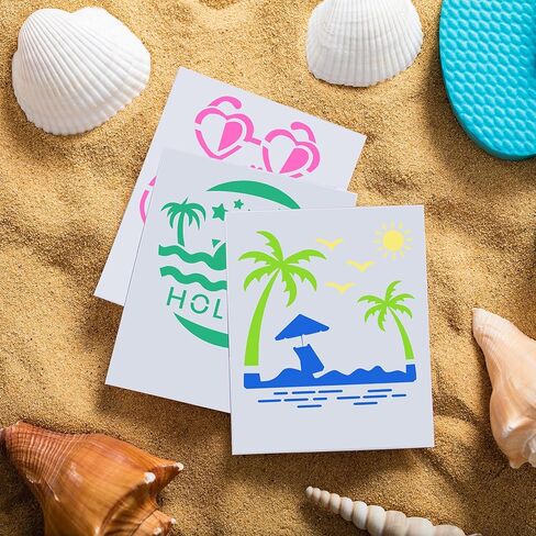 20Pcs Ocean Stencils for Painting,7.8Inch Large Beach Stencils,Reusable Summer Vacation Stencil with Mermaid Animal Palm Tree Patterns DIY Craft Drawing Templates On Wall Art Scrapbook Home Decor in Kuwait
