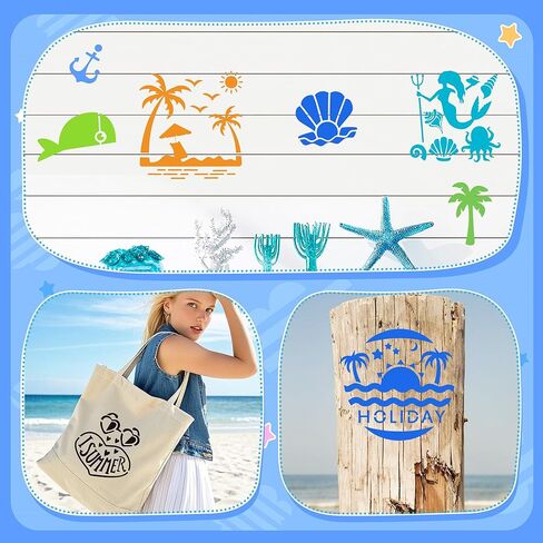 20Pcs Ocean Stencils for Painting,7.8Inch Large Beach Stencils,Reusable Summer Vacation Stencil with Mermaid Animal Palm Tree Patterns DIY Craft Drawing Templates On Wall Art Scrapbook Home Decor in Kuwait