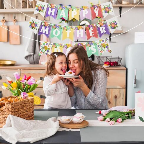 Happy Mother's Day Banner Decorations - Assorted Color Floral Pattern Mom's Garland Sign Mother's Day Bunting Banner, Mothers Day Family Photo Backdrop for Motherhood Decor Party Supplies in Saudi Arabia