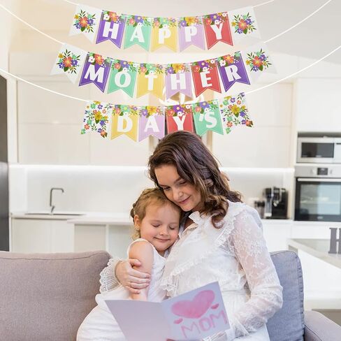 Happy Mother's Day Banner Decorations - Assorted Color Floral Pattern Mom's Garland Sign Mother's Day Bunting Banner, Mothers Day Family Photo Backdrop for Motherhood Decor Party Supplies in Saudi Arabia