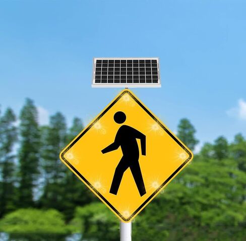 24" Flashing LED Pedestrian Crossing Sign, Street Traffic Warning Sign with Solar Powered, Heavy Duty Rust-Proof Metal Frame, Engineering Grade Reflective Film in Kuwait