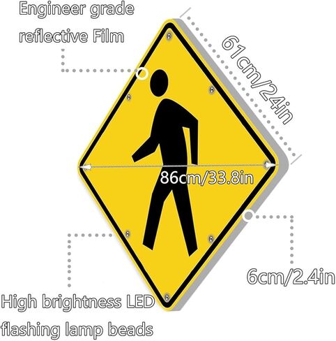 24" Flashing LED Pedestrian Crossing Sign, Street Traffic Warning Sign with Solar Powered, Heavy Duty Rust-Proof Metal Frame, Engineering Grade Reflective Film in Kuwait