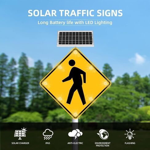 24" Flashing LED Pedestrian Crossing Sign, Street Traffic Warning Sign with Solar Powered, Heavy Duty Rust-Proof Metal Frame, Engineering Grade Reflective Film in Kuwait