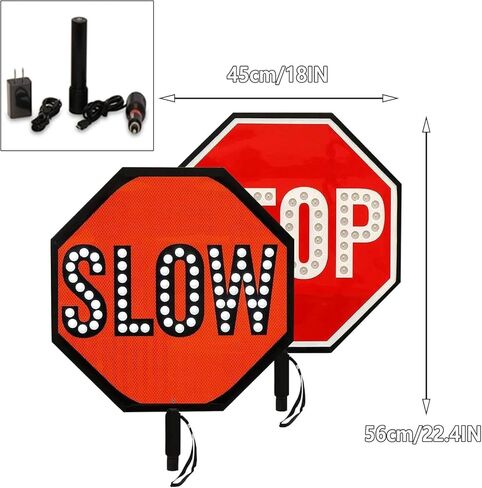 Stop Sign with Wrist Strap – 18 Inch Double-Sided Reflective Handheld Traffic Sign, Stop Slow Options, Battery-Powered for Safety Construction(Stop/Slow) in Kuwait
