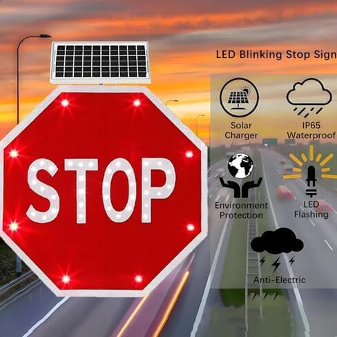 لافتة توقف مرور LED مقاس 24 بوصة/30 بوصة - ألومنيوم عالي التحمل، طبقة مهندس عاكسة، مقاومة للماء IP65، رؤية 500 متر، علامة أمان مقاومة للصدأ للاستخدام على الطريق in Kuwait